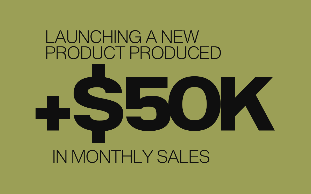 Text on a green background announcing a new product launch with a $50,000 increase in monthly sales
