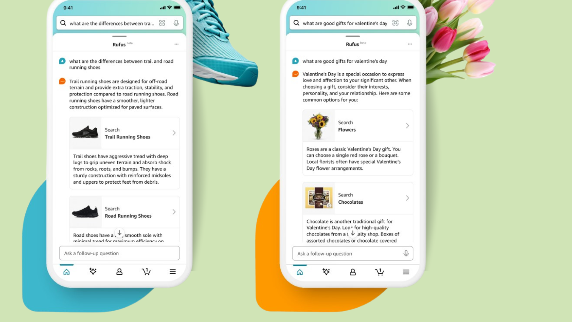 Two smartphone screens displaying search results on a mobile app. The left screen shows searches about running shoes and their differences, with images of black running shoes. The right screen shows searches about good gifts for Valentine's Day, with options like flowers, chocolates, and their descriptions. A turquoise sneaker and a bunch of pink and red tulips are partially visible behind the phones on a pastel background.