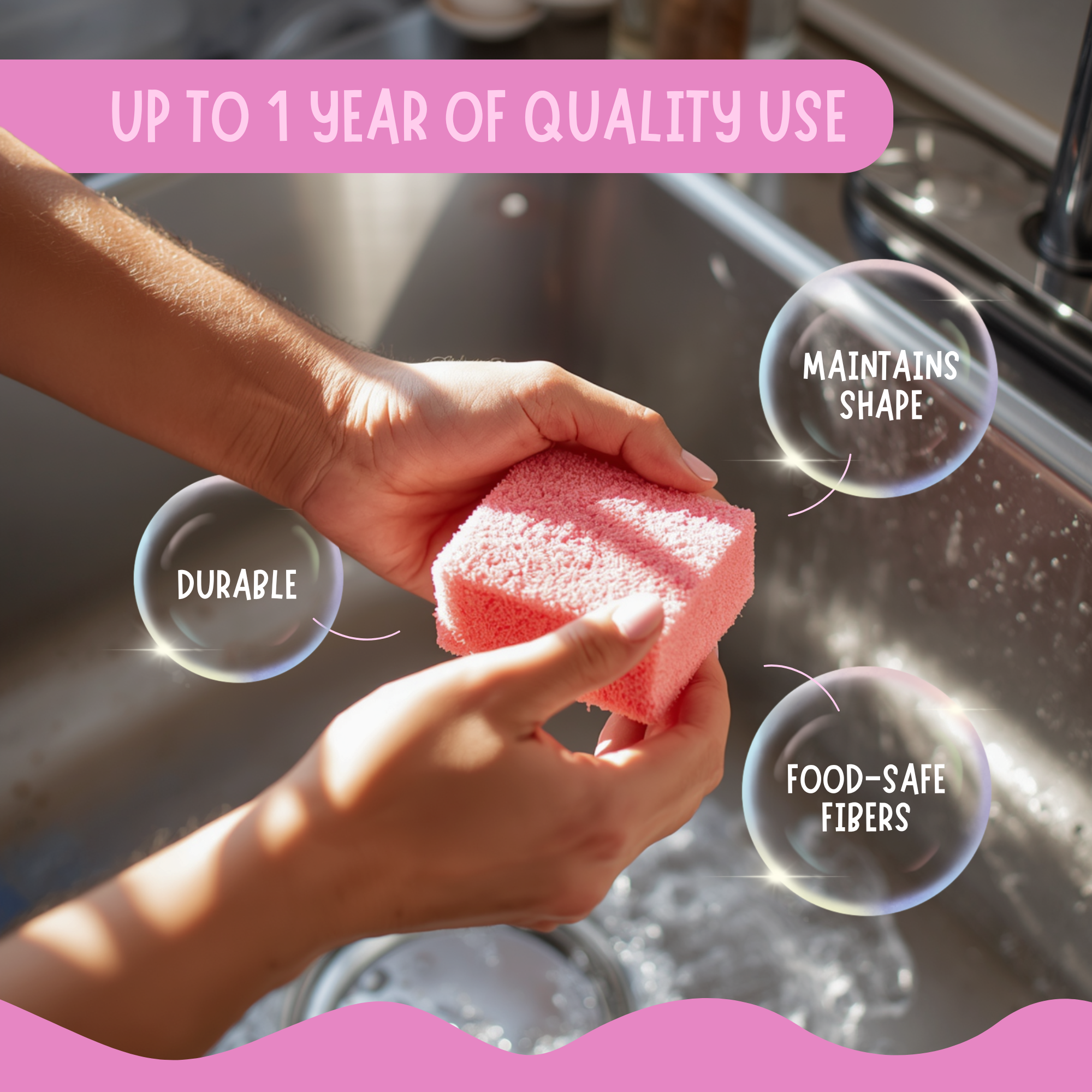 Close-up of a person's hand washing a pink sponge in a kitchen sink with a dish soap bottle and other kitchen items visible in the background. The overlay text indicates the product maintains shape, is durable, food-safe, and fiber-rich, with up to one year of quality use.