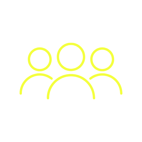 A neon yellow icon of three people against a black background.