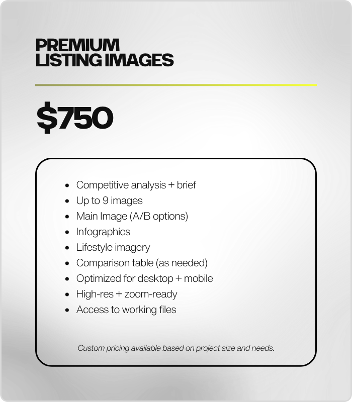 A promotional graphic titled "Premium Listing Images" showing a price of $750, with bullet points listing features such as high-resolution and zoom-ready images, access to working files, and custom pricing based on project needs, on a background with a metallic gray, textured surface.