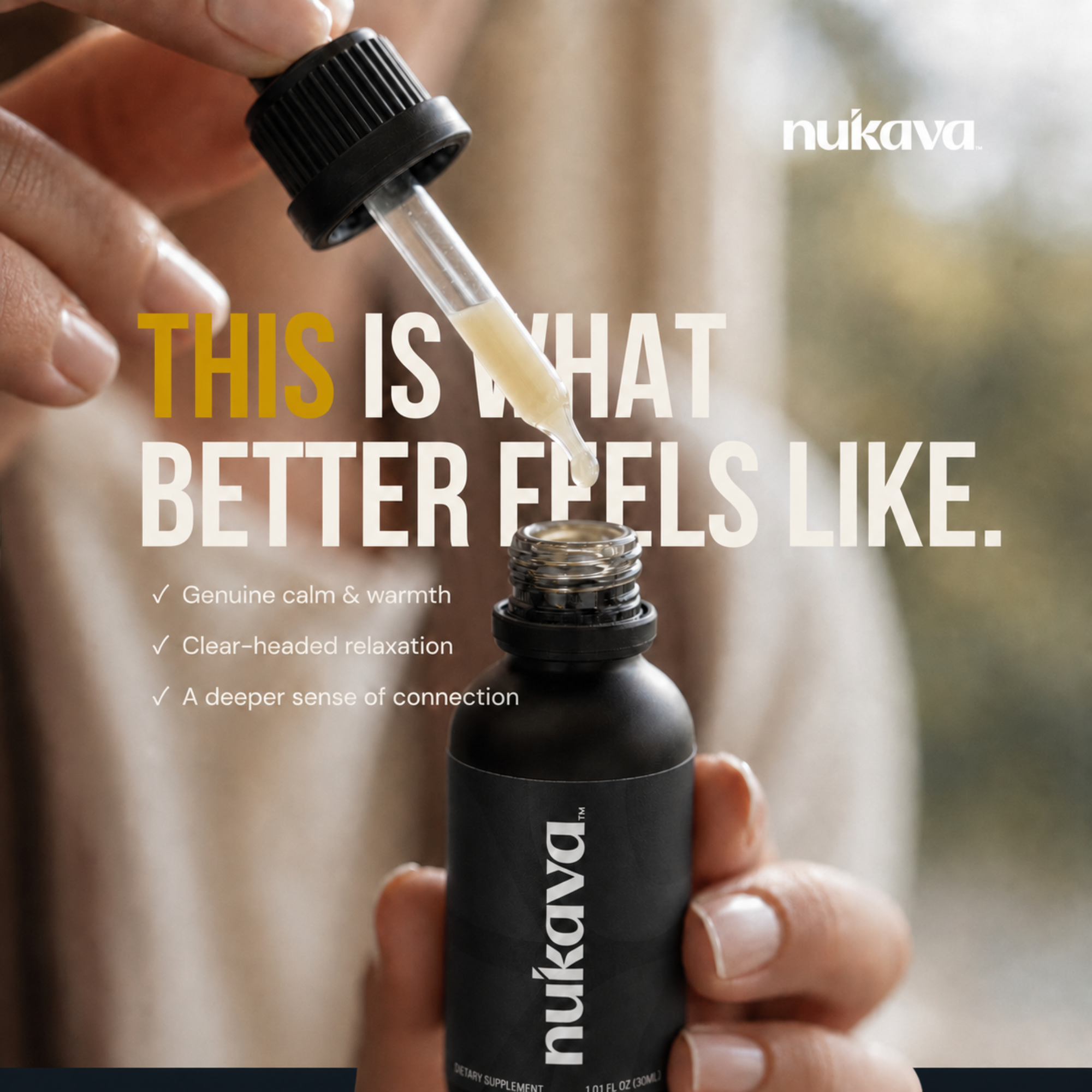 Close-up of a person's hand holding a black dropper bottle of Nukava dietary supplement with liquid inside, with a blurred background and overlapping white and yellow text.