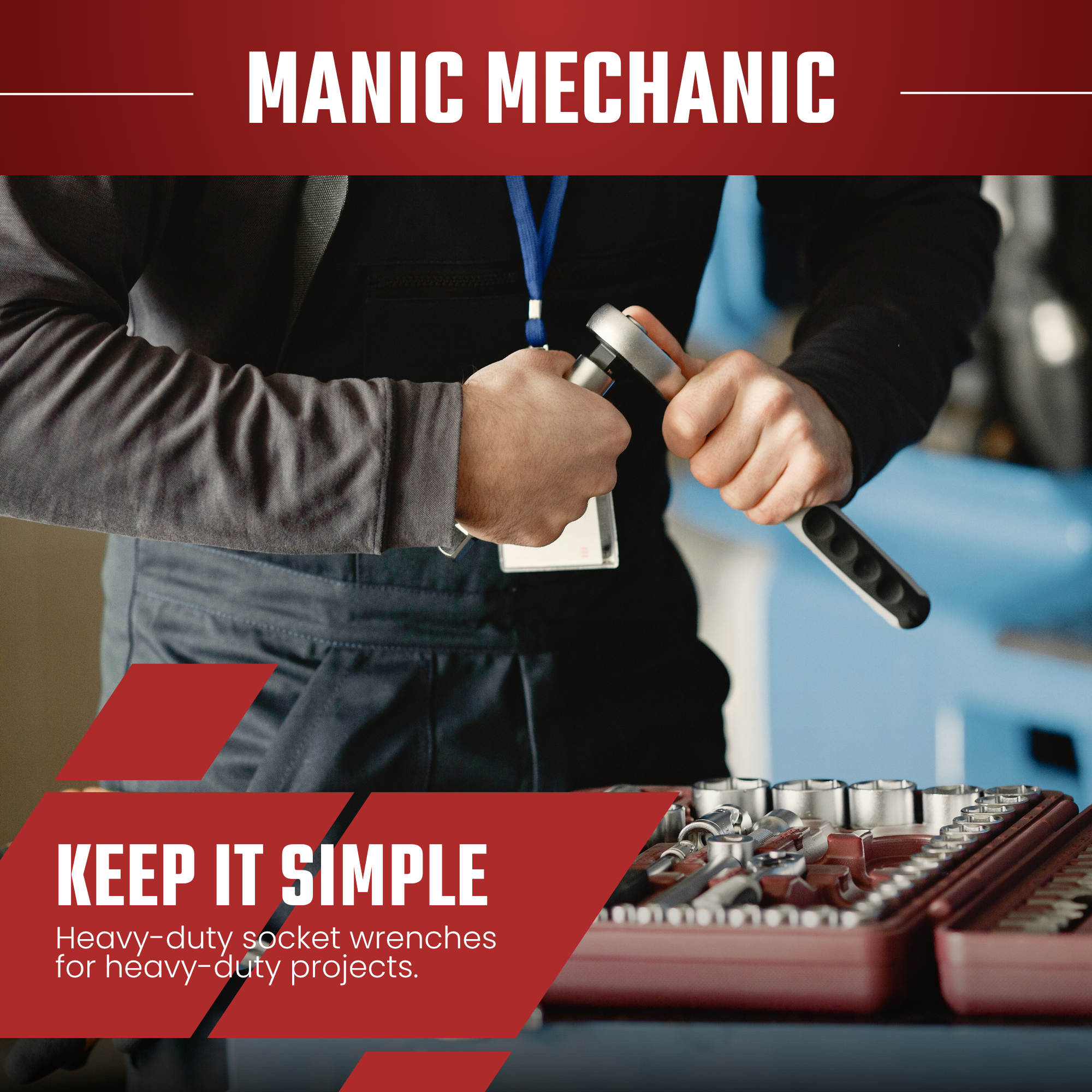A person holding a heavy-duty socket wrench in front of a tool organizer with sockets. The image promotes heavy-duty socket wrenches for heavy-duty projects.