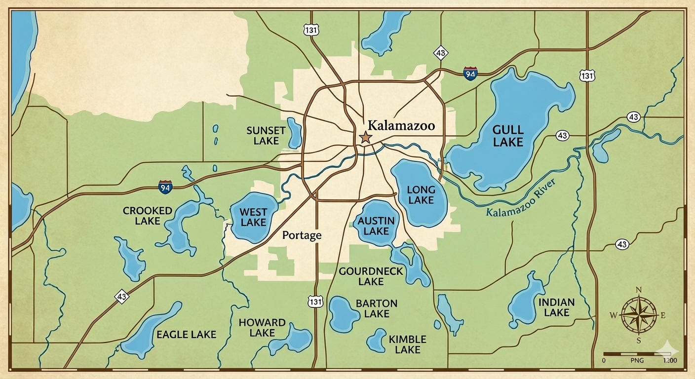 Map of Kalamazoo with lakes including Sunset Lake, West Lake, Long Lake, Gulf Lake, Crooked Lake, Eagle Lake, Howard Lake, Gourdneck Lake, Barton Lake, Kimble Lake, Indian Lake, Austin Lake. Roads and highways surround the area.