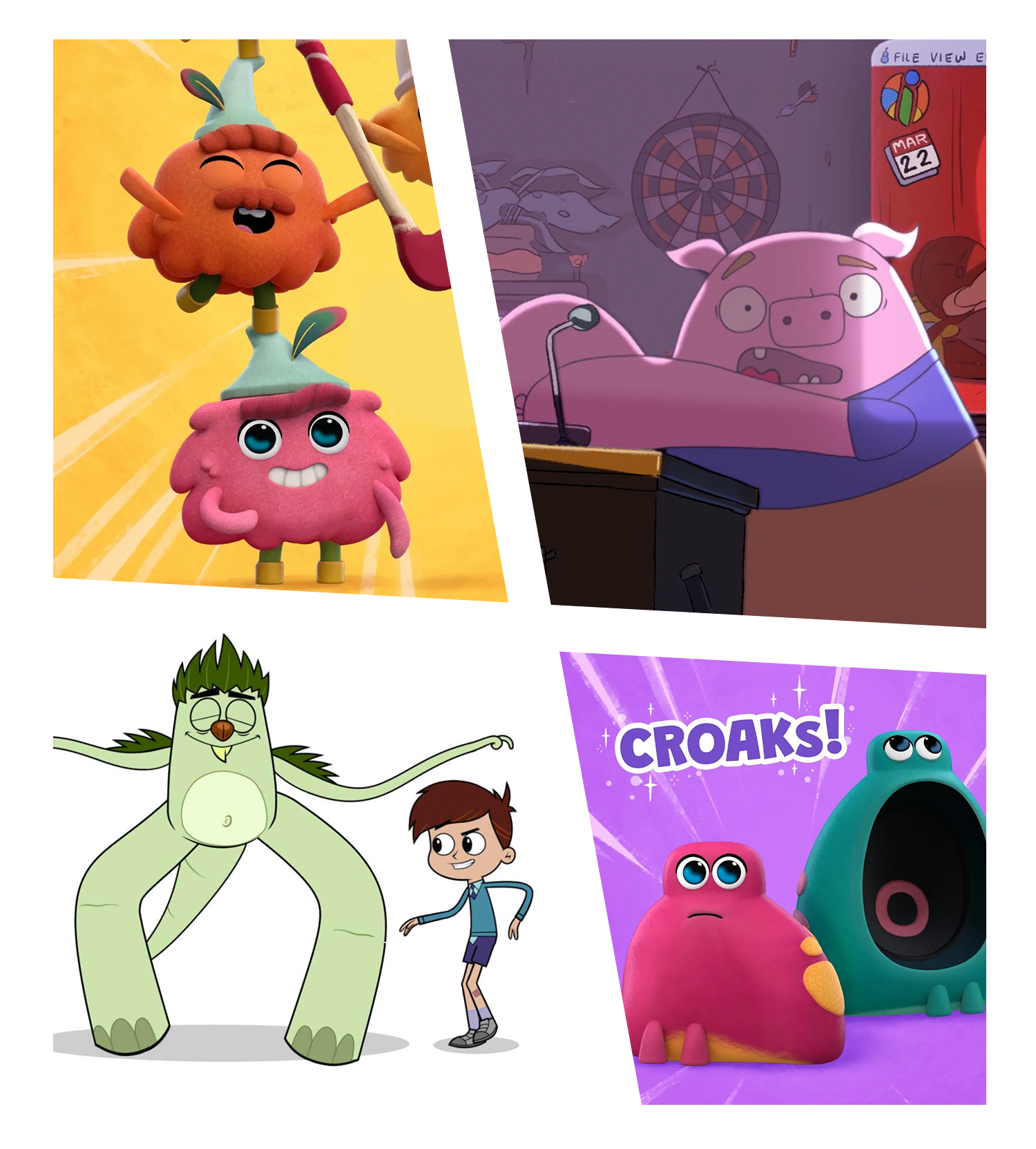 A pastiche of different characters from different cartoons; g'nomes and frog creatures from "It's Andrew", a pig boss from "Supa Thresh", a tree creature and a human boy from "Jar Dwellers: Sos"