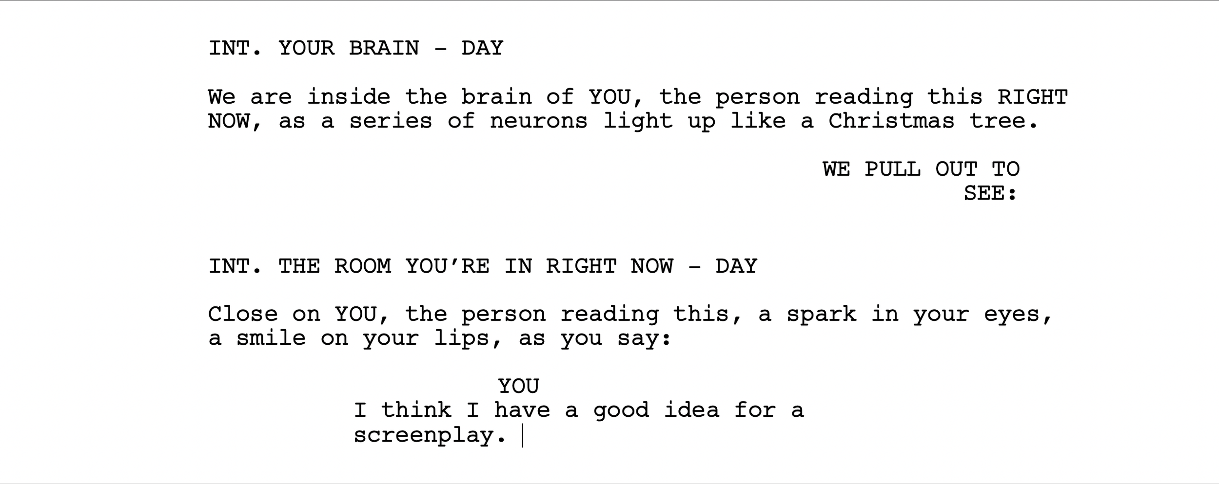 A screenshot from a screenplay. It reads "INT. YOUR BRAIN - DAY.  We are inside the brain of YOU, the person reading this RIGHT NOW, as a series of neurons light up like a Christmas tree. YOU: I think I have a good idea for a screenplay.