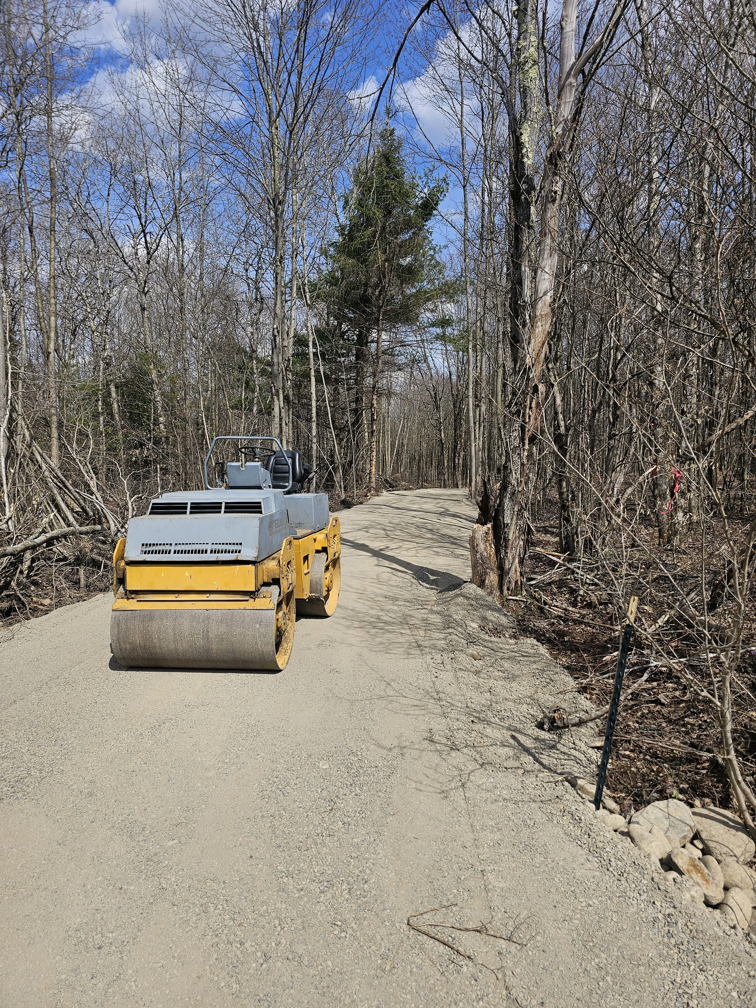 A yellow and gray compact road roller compacting a dirt path in a wooded area with leafless trees and a bright blue sky.