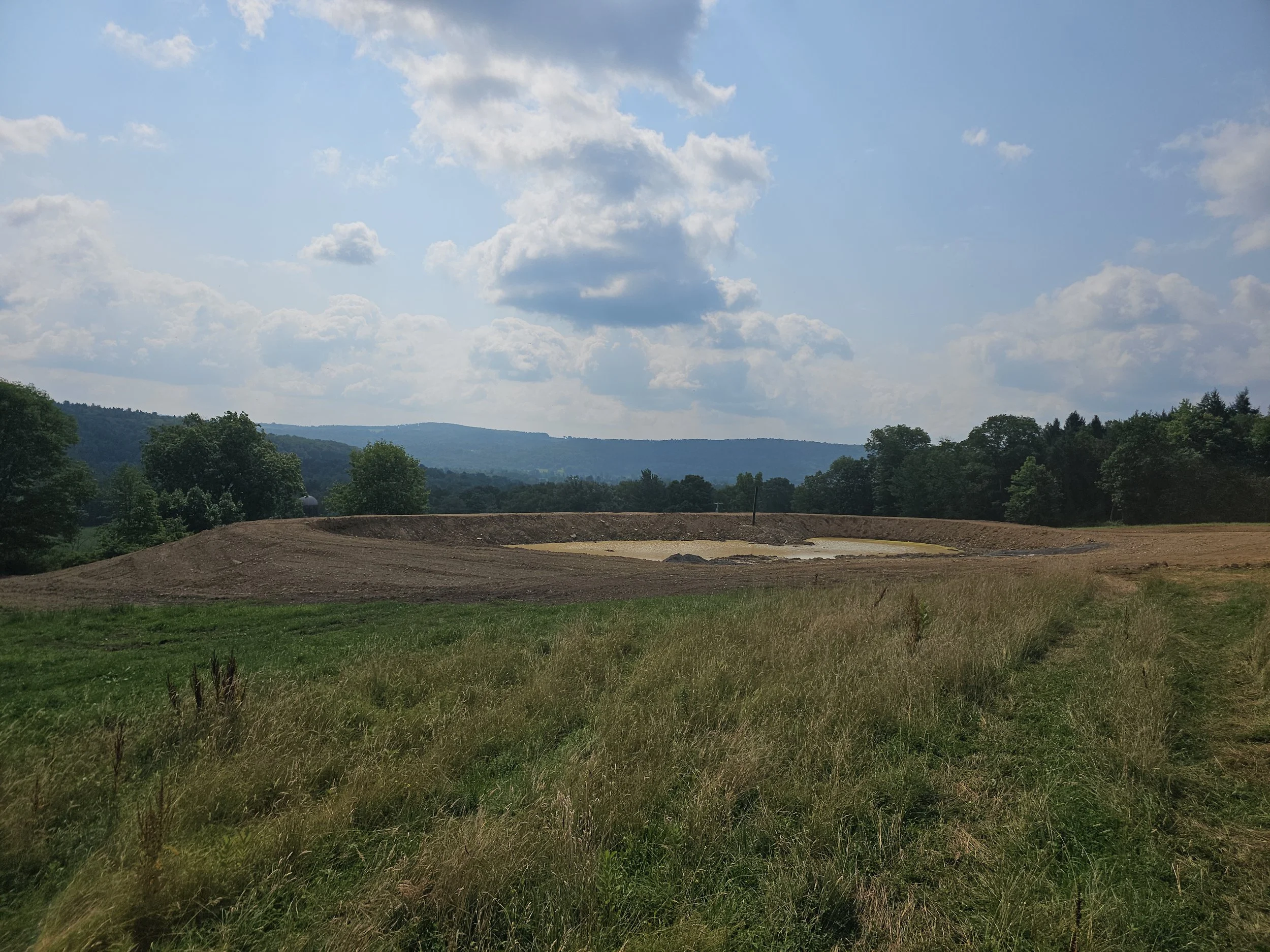 A landscape with grassy fields, trees, hills in the distance, partially cloudy sky, and a small pond or water feature in the middle ground.