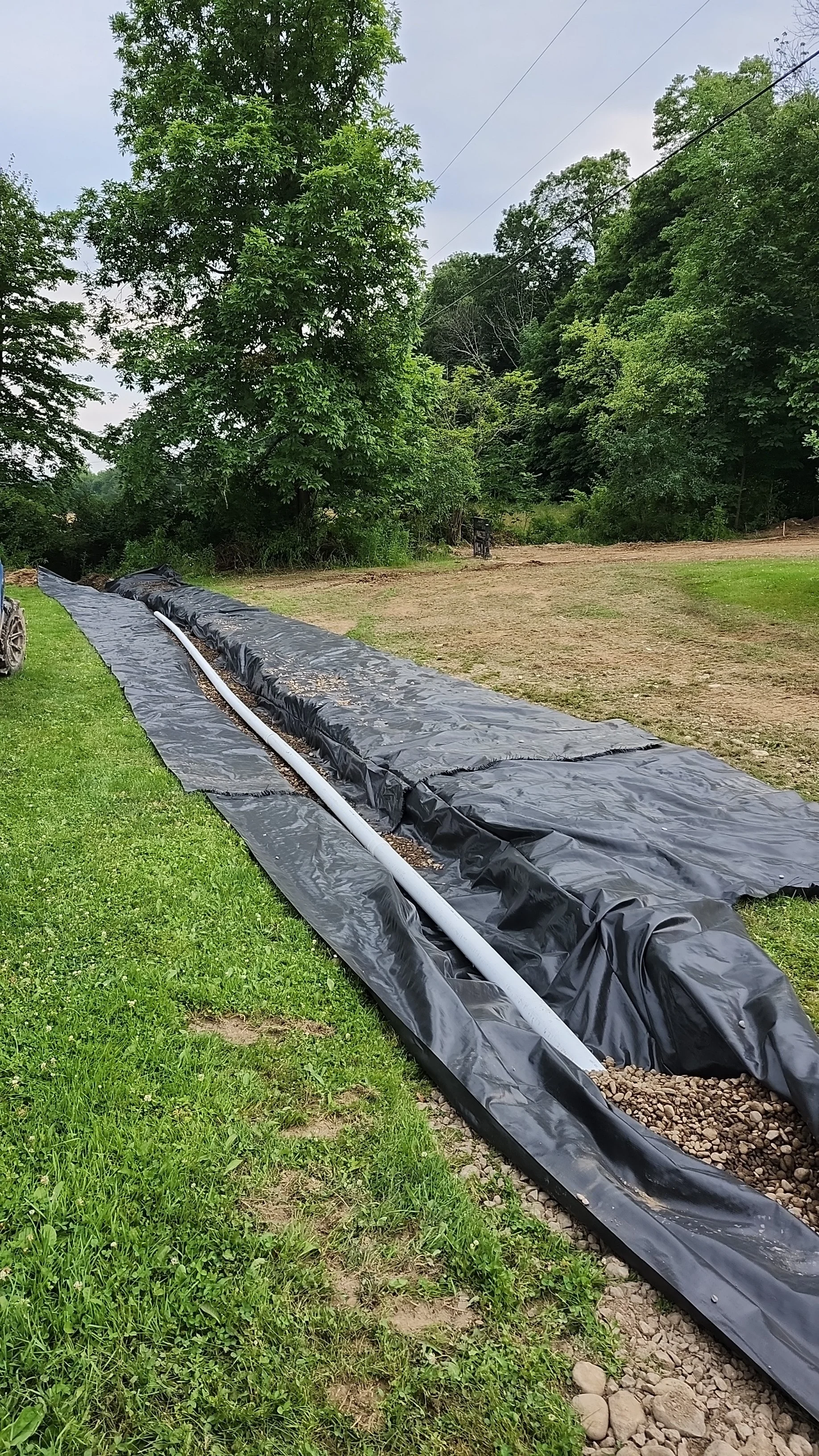 A plastic liner with a pipe running along it, placed on grass and gravel in a yard, next to a large tree and a wooded area.