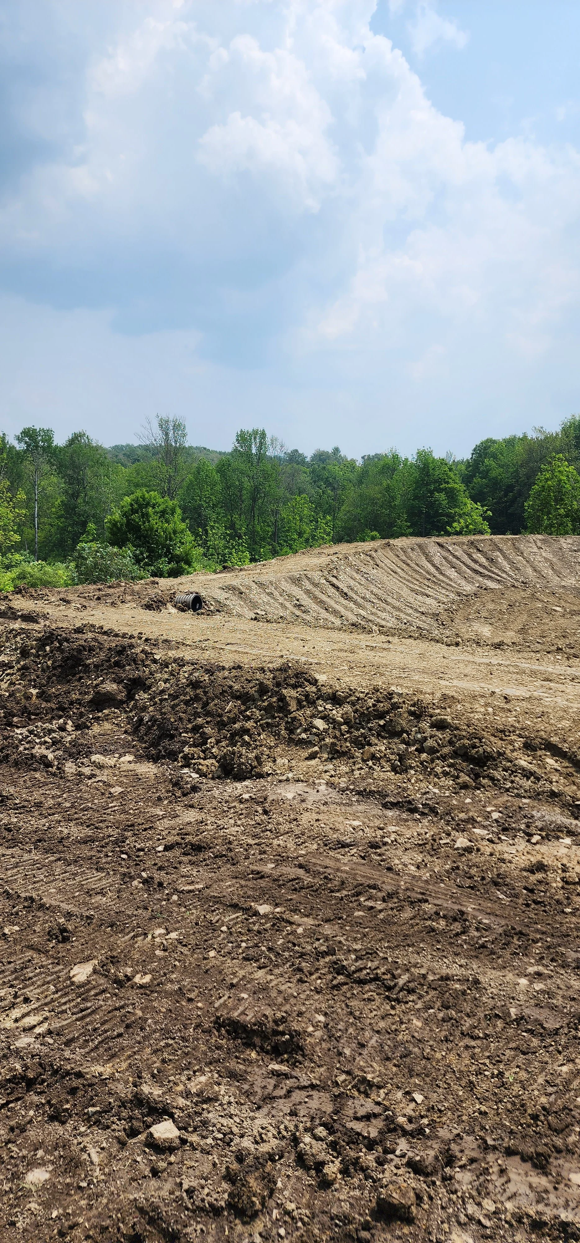 A landscape with a cleared dirt area in the foreground and green trees in the background, under a partly cloudy sky.