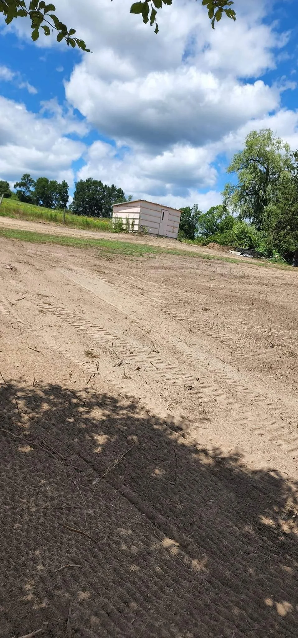 A dirt pathway or road with tire tracks, shadows of branches, and a small white shed or building in the background under a partly cloudy sky with blue and white clouds. There are trees and green vegetation surrounding the area.