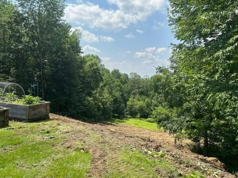 Garden beds on a hillside surrounded by trees and green landscape under partly cloudy sky.