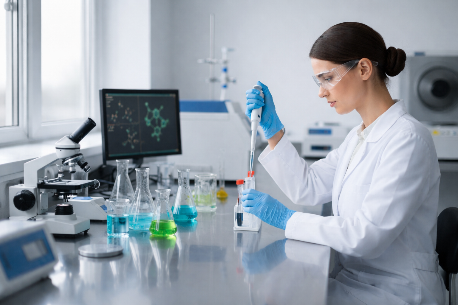 A female scientist in a lab coat and safety goggles pipetting a liquid into a test tube in a laboratory with various colorful chemicals, a microscope, and computer screens.