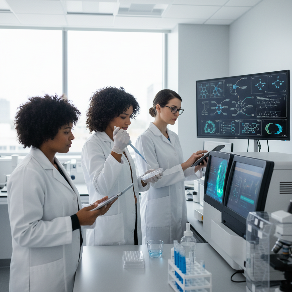 Three female scientists in lab coats working with lab equipment and analyzing data on screens in a laboratory setting.