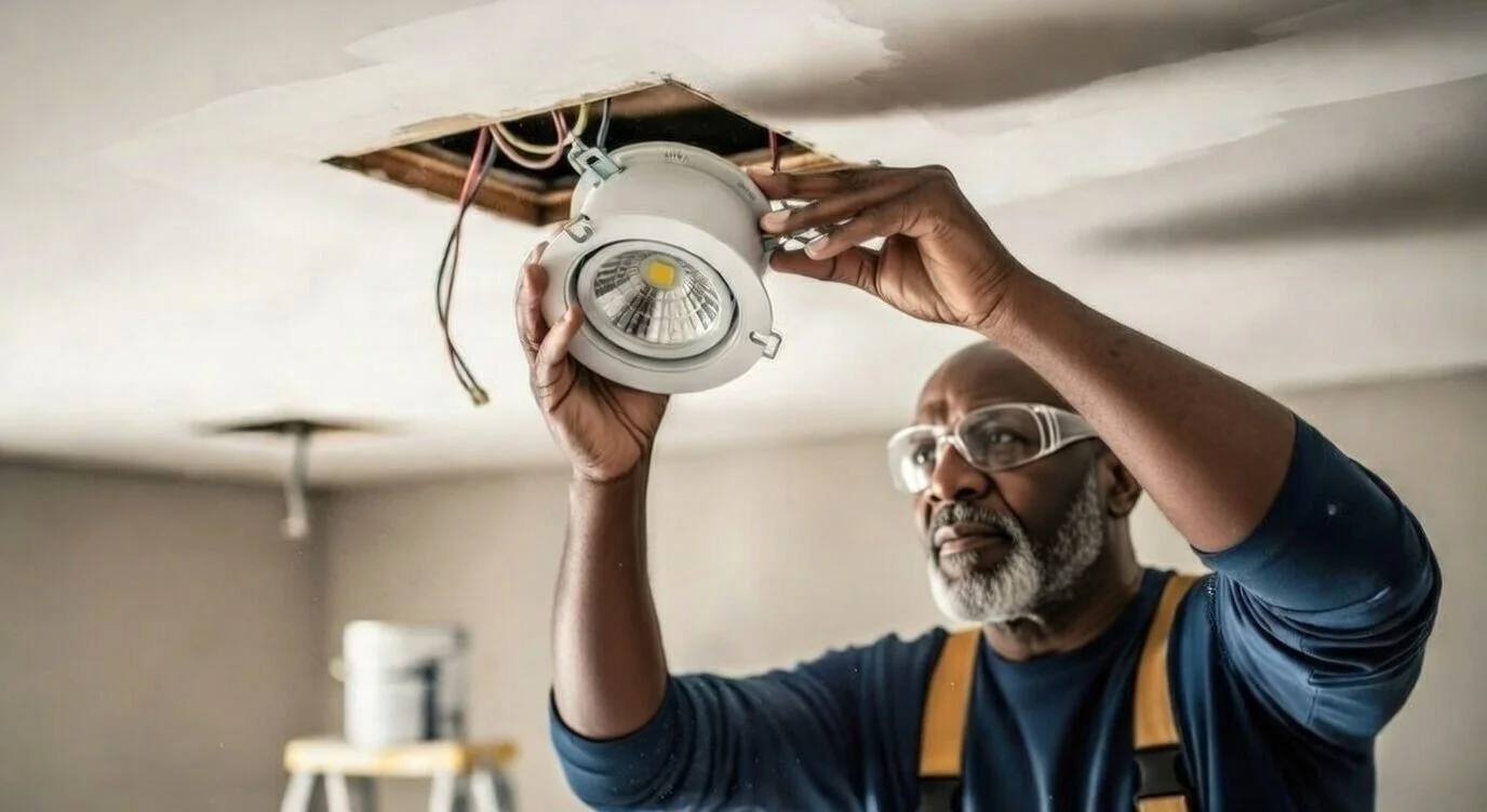 A man is installing a ceiling light fixture, wearing safety glasses and a dark blue shirt with suspenders, in an indoor room with a white ceiling.