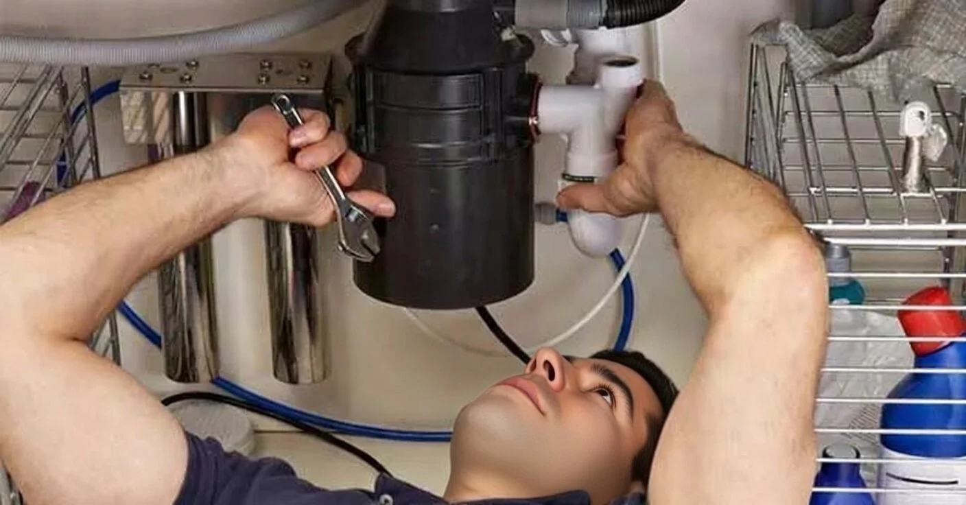 A man working under a kitchen sink, holding a wrench and adjusting plumbing beneath the sink.