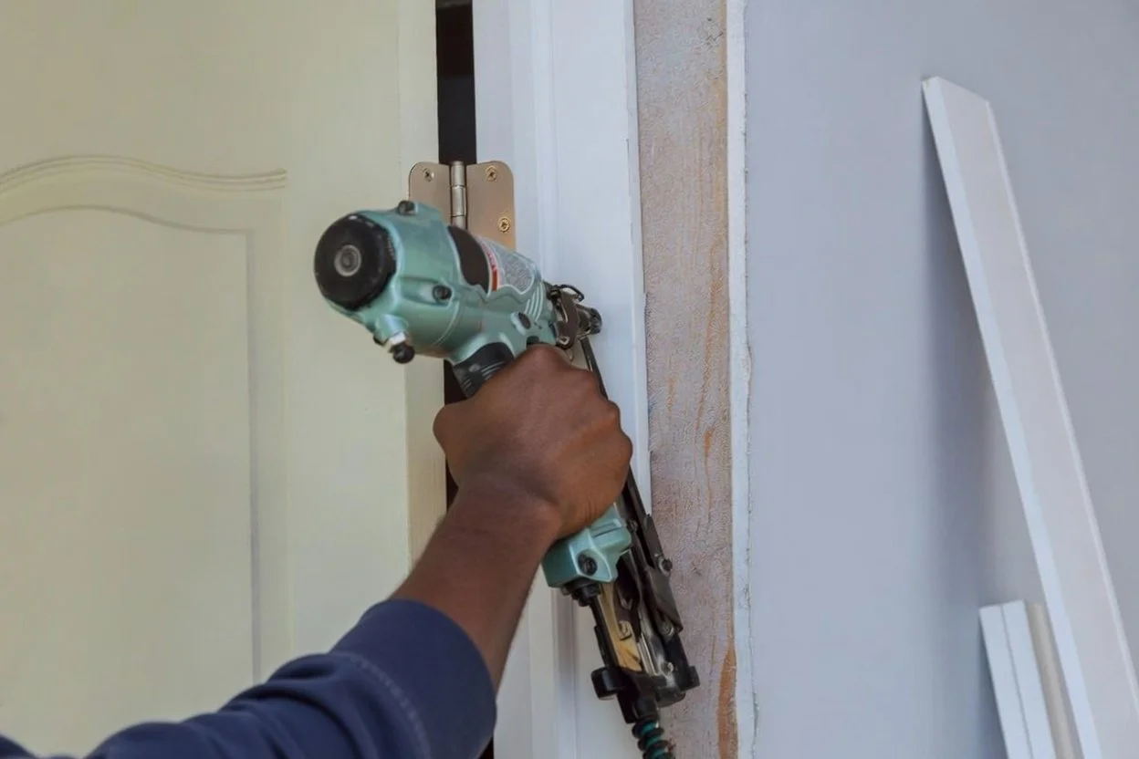A person using a nail gun to secure a door hinge onto a door frame.
