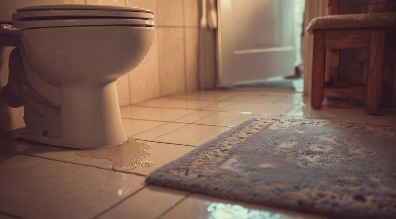 A bathroom with a toilet and a bathroom rug, with water leaking from the toilet onto the tiled floor.