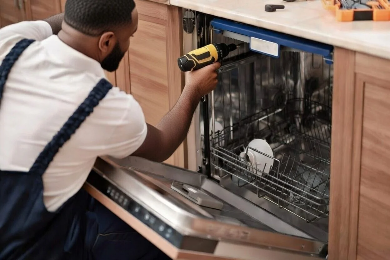 A man installing or repairing a dishwasher using a cordless drill in a kitchen with wooden cabinets.