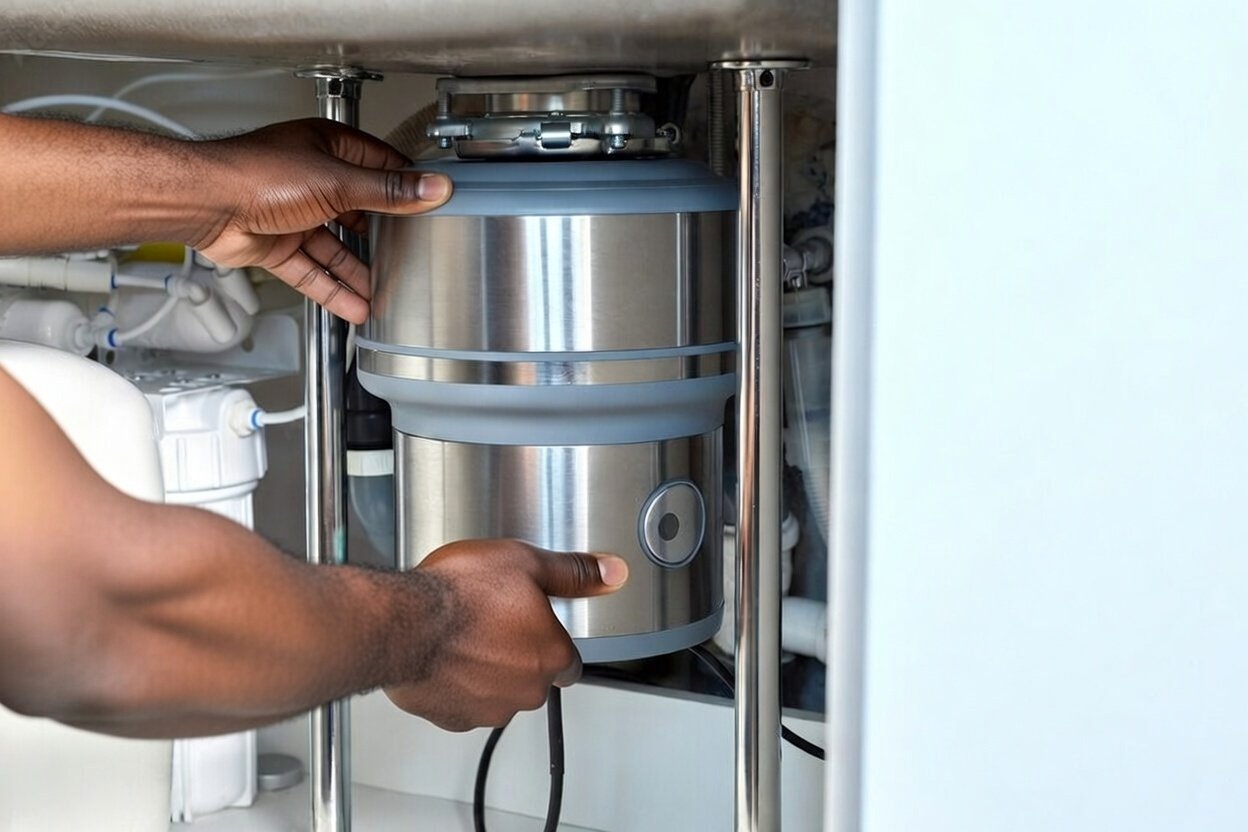 A person installing or repairing a stainless steel under-sink dishwasher or garbage disposal unit in a kitchen cabinet.