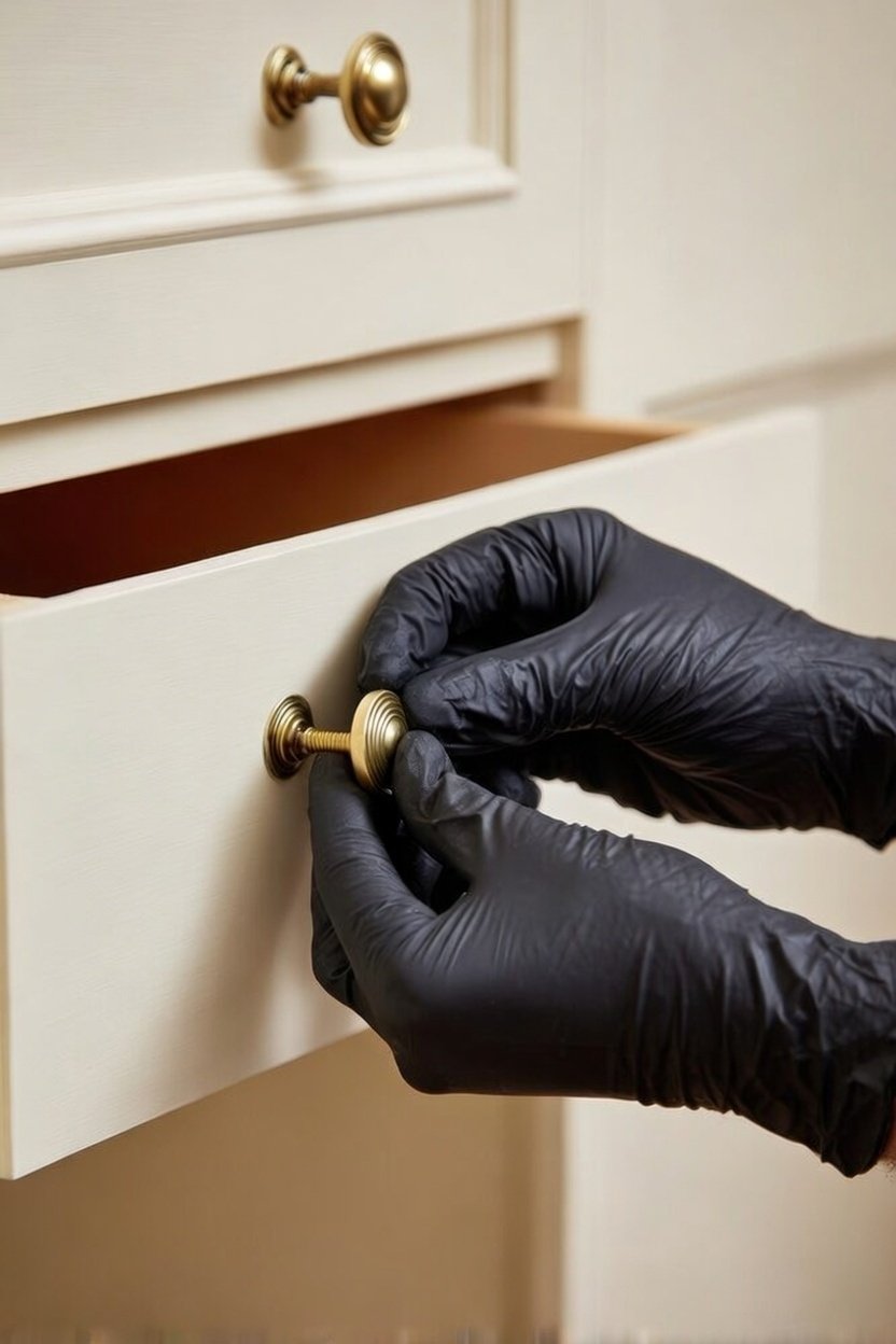 A person wearing black gloves opening a cream-colored kitchen drawer with a brass knob.