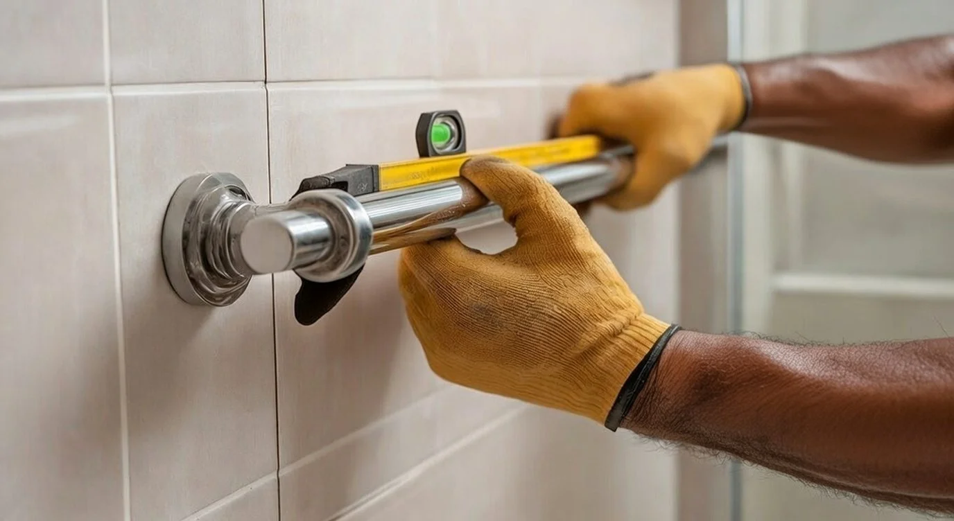 A person installing or repairing a shower or bath grab bar with a level tool on a tiled wall.