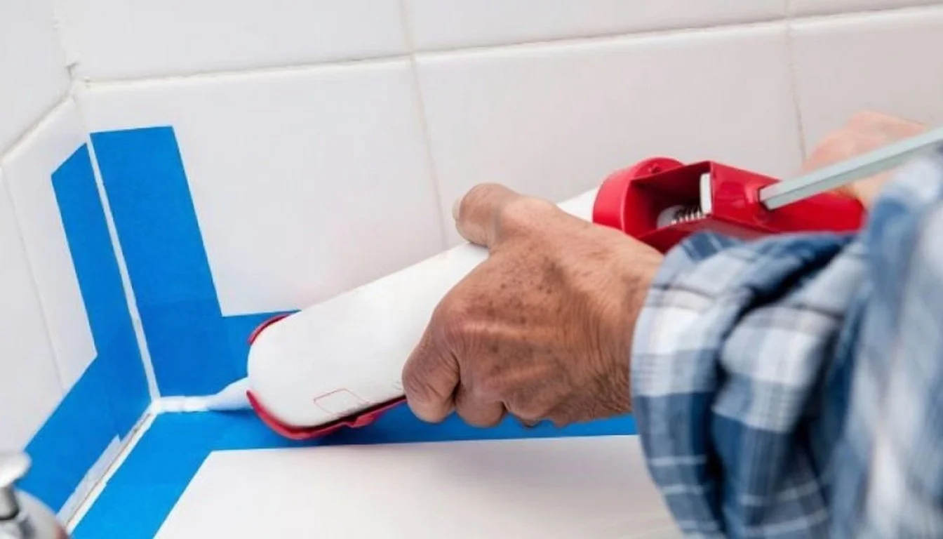 A person applying caulk to the corner of a white tiled wall using a caulk gun in a bathroom.