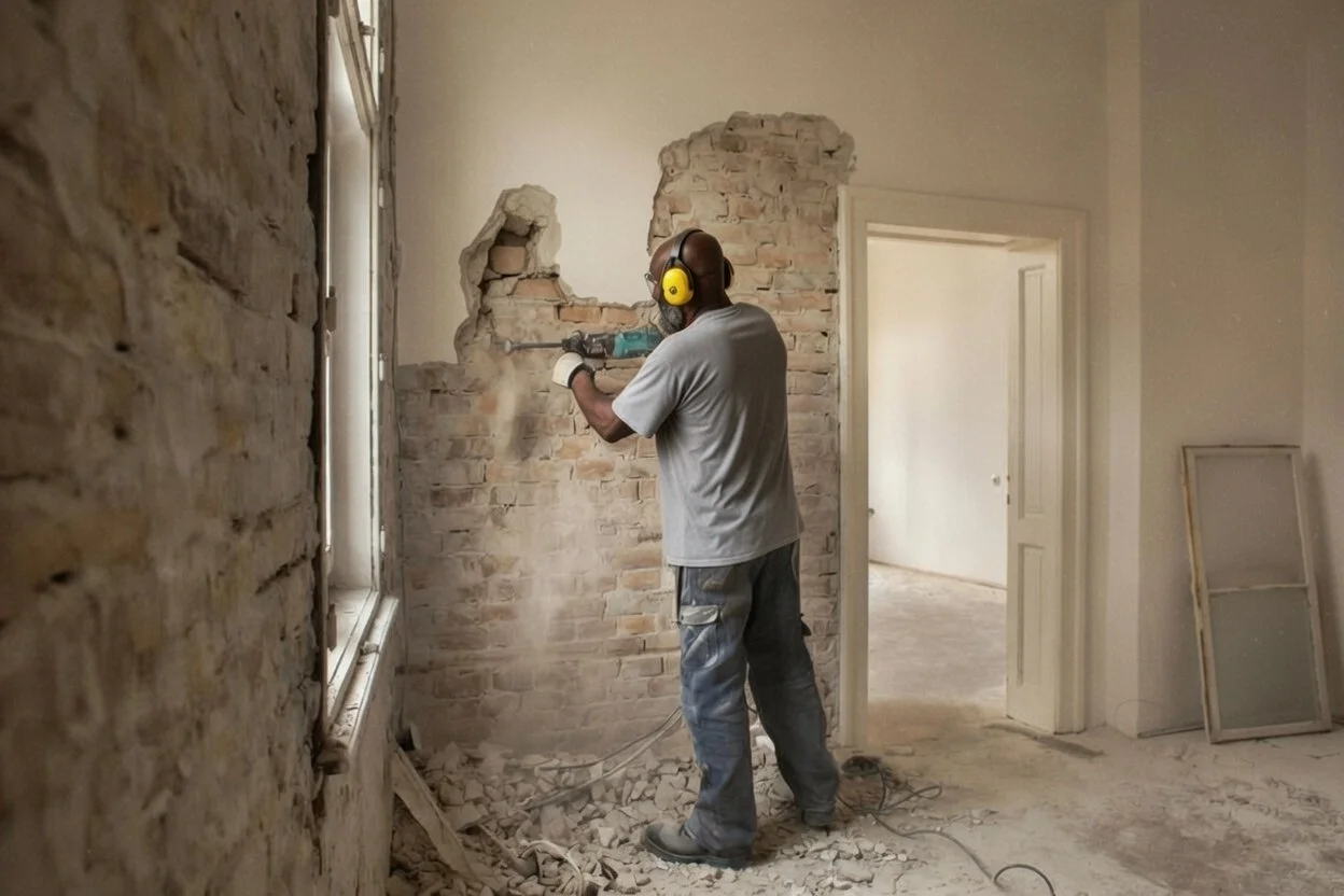 A man wearing safety ear protection and gloves is using a power drill on a brick wall inside a room under renovation.