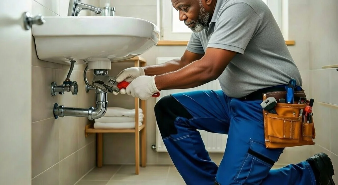 A male plumber repairing under a bathroom sink, kneeling on the floor, wearing a tool belt and working with pliers.