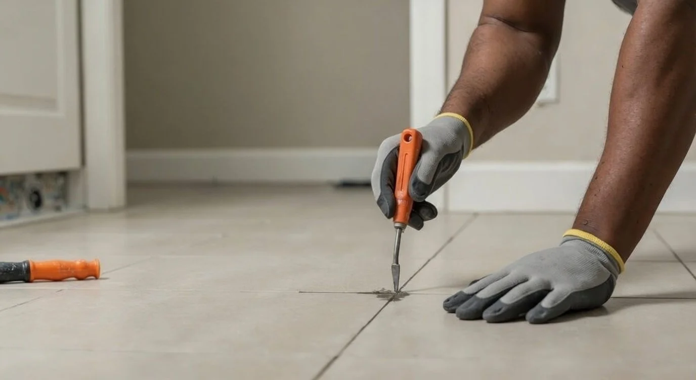 Person installing or repairing tile flooring, kneeling on the floor, using a hand tool to cut or shape grout or tile, wearing gloves.