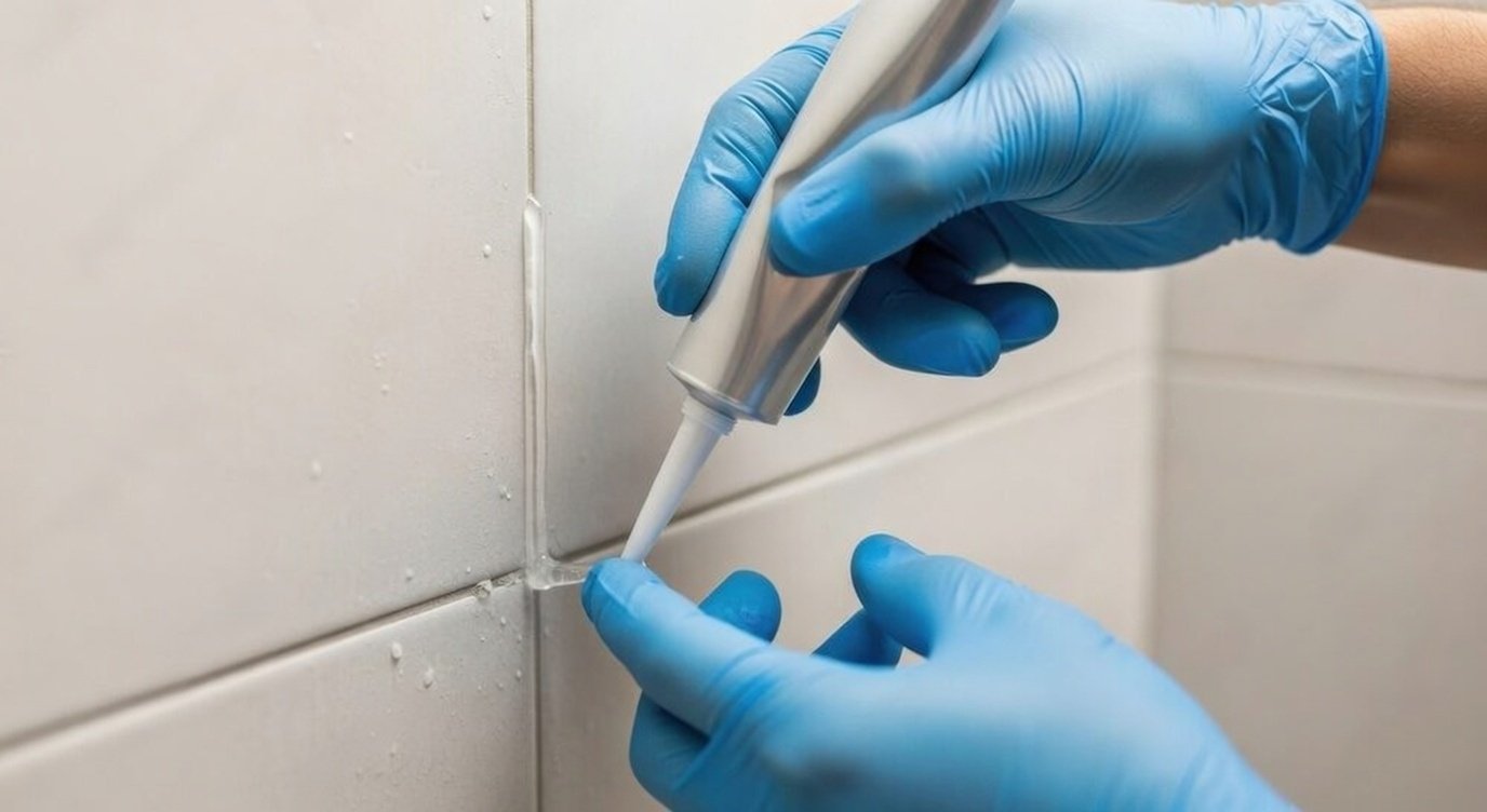 Someone wearing blue gloves squeezing white sealant or caulk from a tube into a gap between white ceramic tiles.