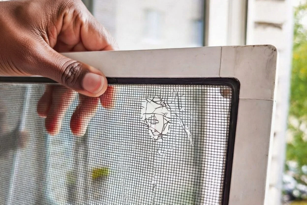 A hand holding a white window screen with some damage in the mesh, near a window.