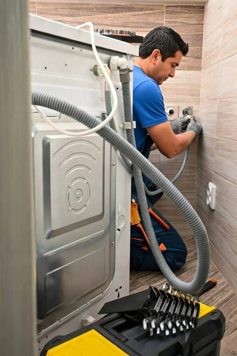 Plumber working on a wall behind a washing machine, using tools on a tool kit in the foreground.