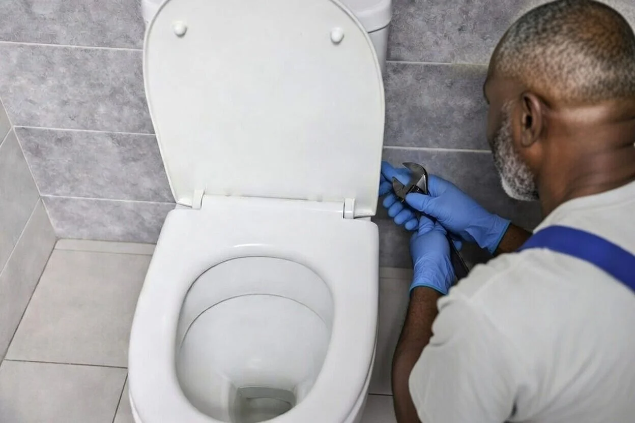 A man wearing blue gloves inspecting or repairing a toilet with a tool in a bathroom with gray tiles.
