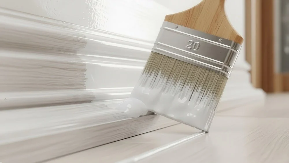 A paintbrush applying white paint along the baseboard of a wall.