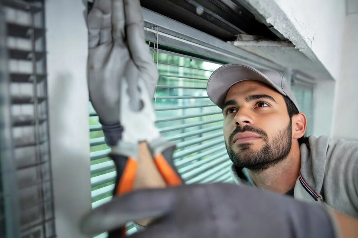 A young man with a beard and cap cleaning a window blind.
