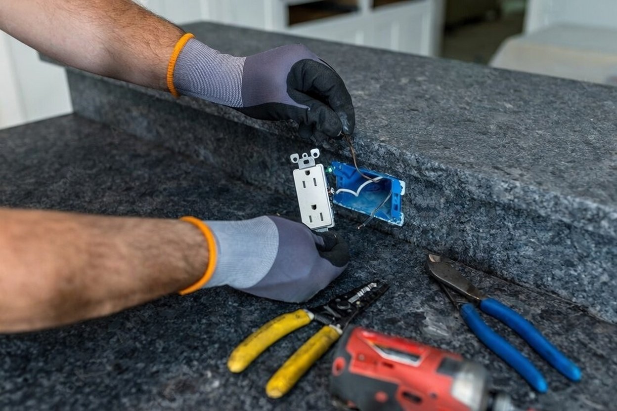 Person installing electrical outlet on a countertop, with tools including pliers and wire cutters nearby.