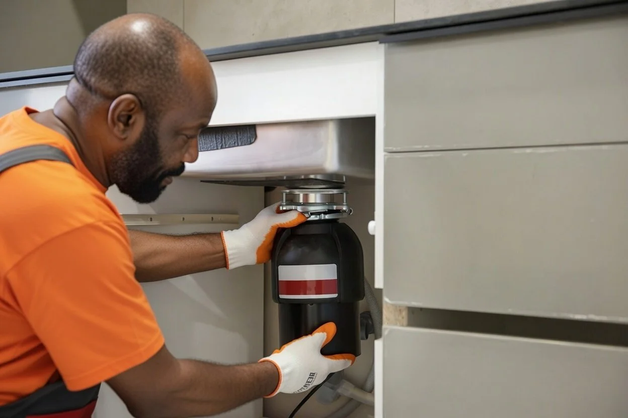 A man wearing an orange shirt and gloves is installing a garbage disposal under a kitchen sink.