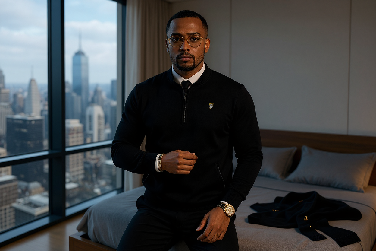 A man with glasses and a goatee, dressed in a black sweater, sits on a bed in a high-rise apartment showing a city skyline through large windows.