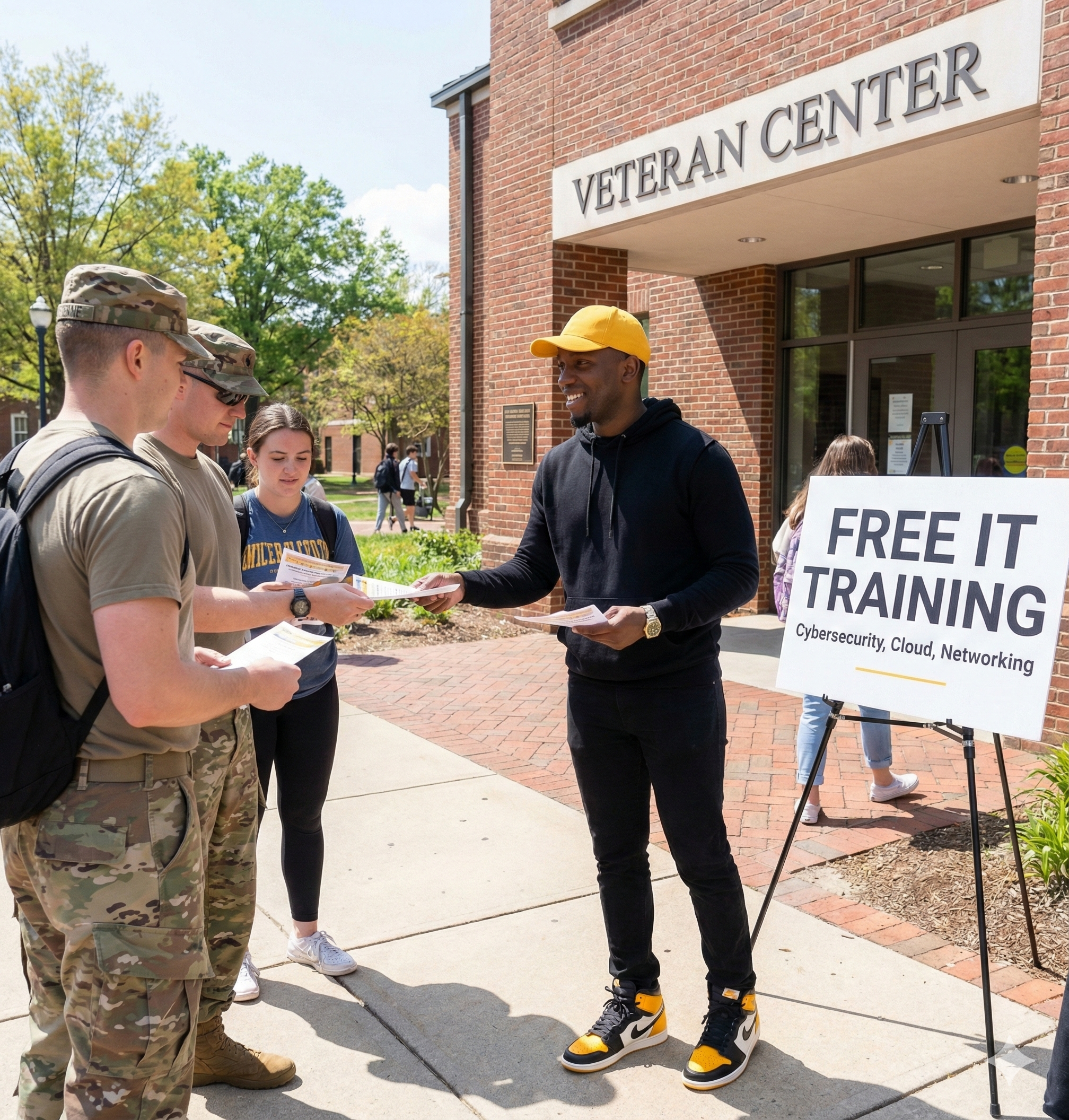 A man in a black hoodie and yellow cap handing out flyers to a group of young people outside the Veteran Center. There is a large sign promoting free IT training in cybersecurity, cloud, and networking.