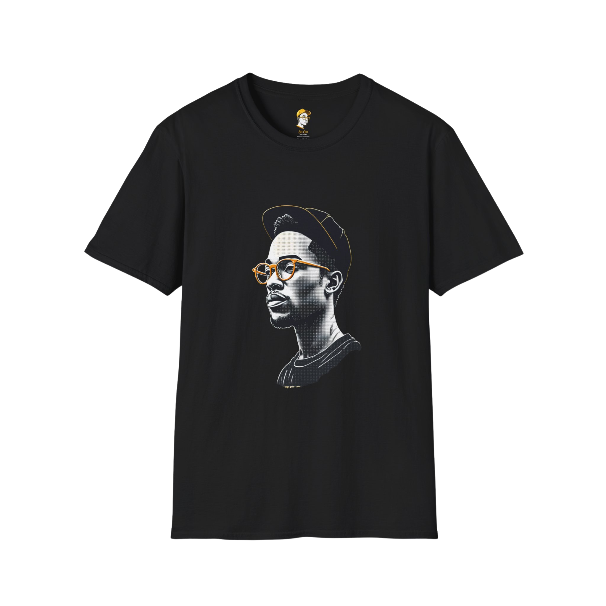Black T-shirt with a graphic illustration of a young man wearing glasses and a cap, depicted in a stylized black-and-white outline with gold accents.
