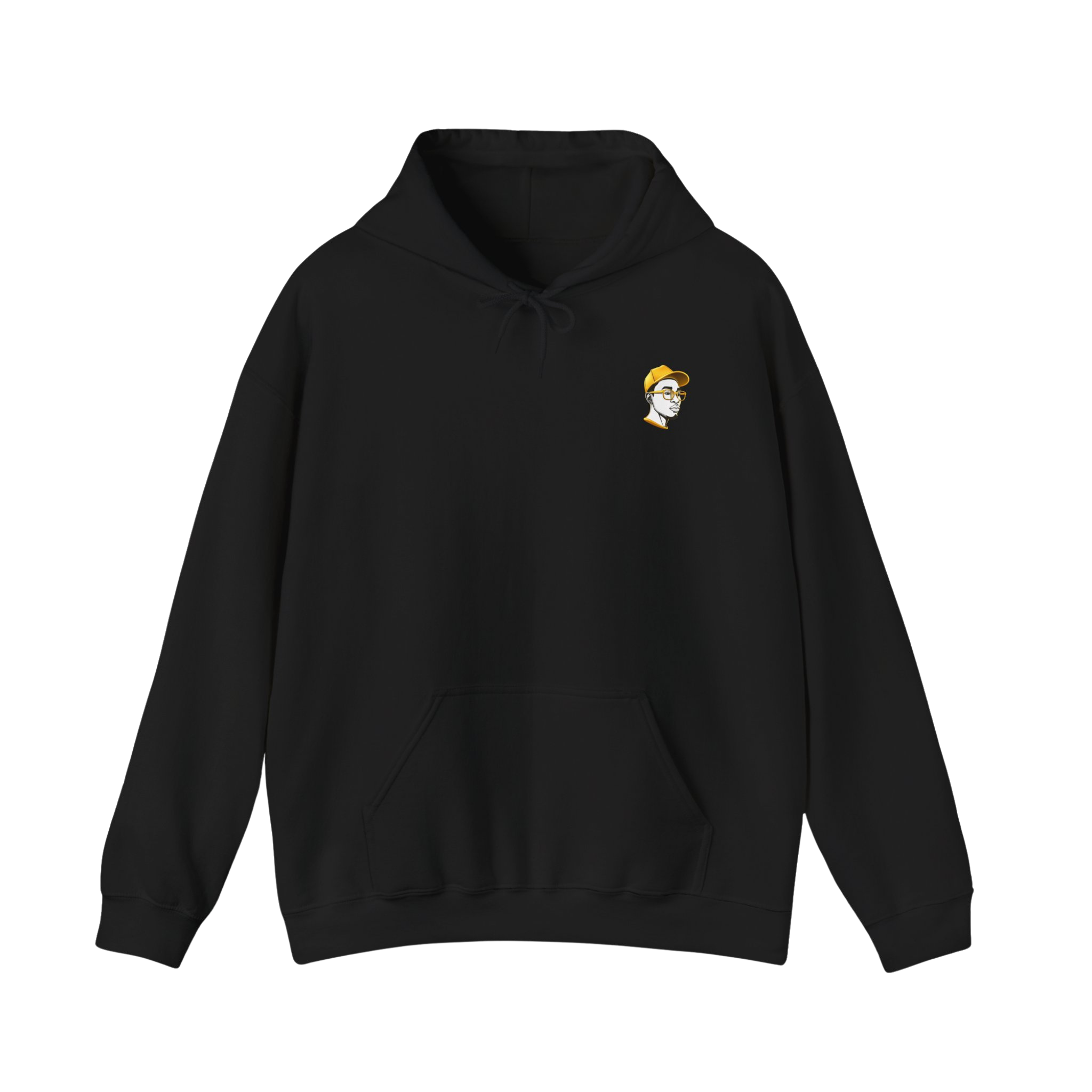Black hoodie with small graphic of a person wearing glasses and a baseball cap on the chest.