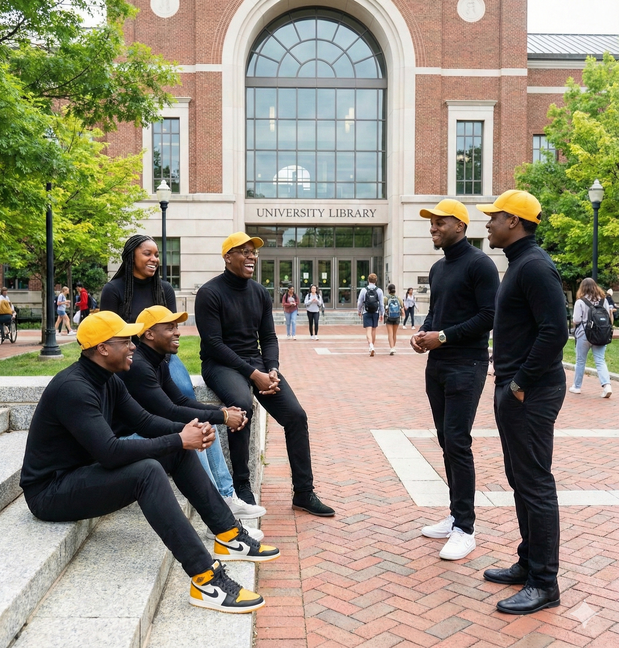 Group of six young adults, three sitting on a stone ledge and three standing, laughing and talking outside a university library building, with trees and other students in the background. Everyone is wearing black clothing and yellow hats.