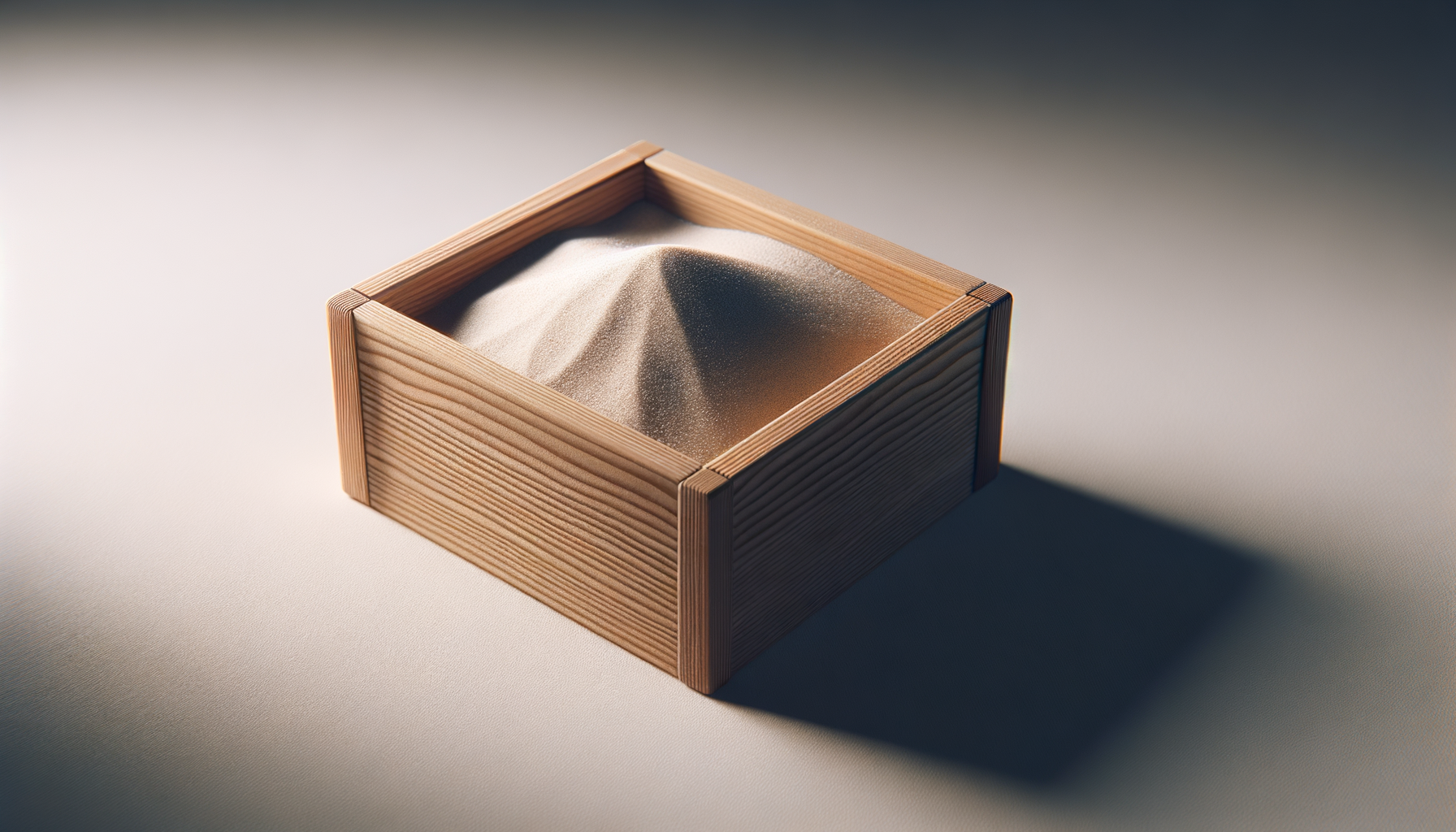 A wooden box with a glass top containing a small pile of fine sand.