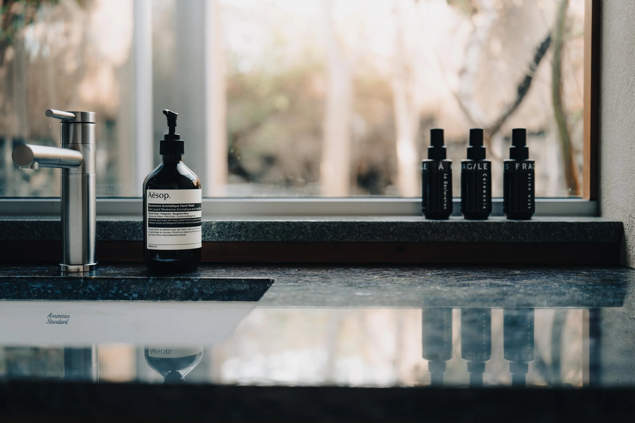 NUUT Aewol 눗애월Kitchen countertop with Aesop hand soap bottle, three black spray bottles labeled 'EAGLE,' 'S FRA,' and 'S,' and a stainless steel faucet in front of a window showing an outdoor scene with trees.