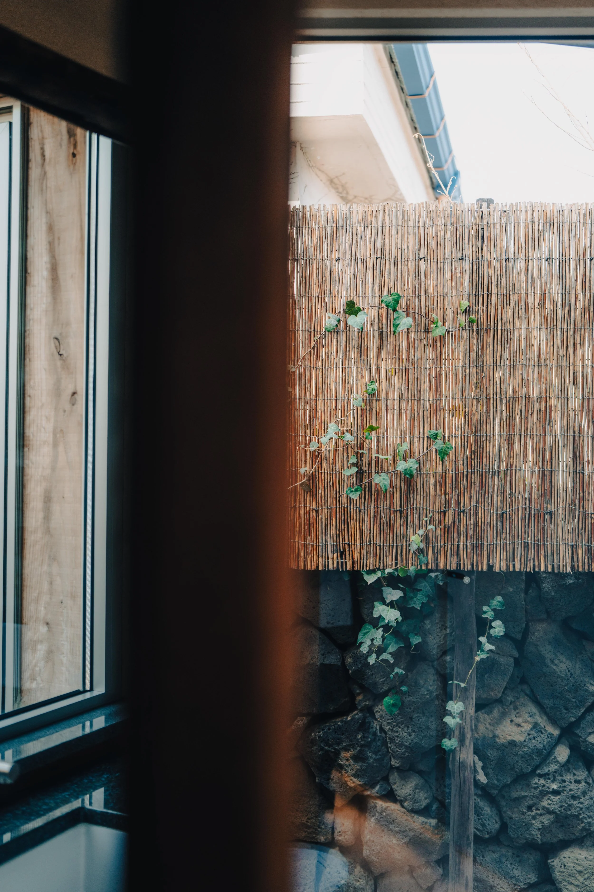 NUUT Aewol 눗애월 View of a backyard area through a window with a blurred frame, showing a bamboo privacy fence with climbing ivy, stone and wood wall, and part of a house roof in the background.