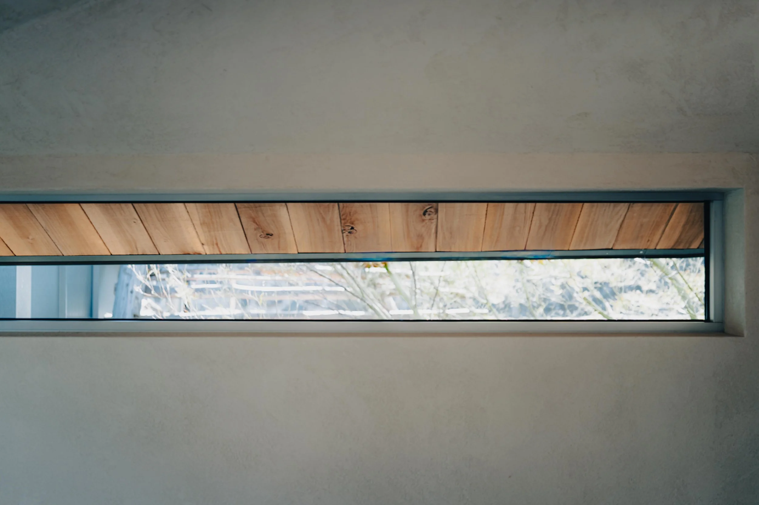 NUUT Aewol 눗애월 A narrow horizontal window with a wooden ceiling above and a smooth wall below, showing an outdoor scene with trees and branches.