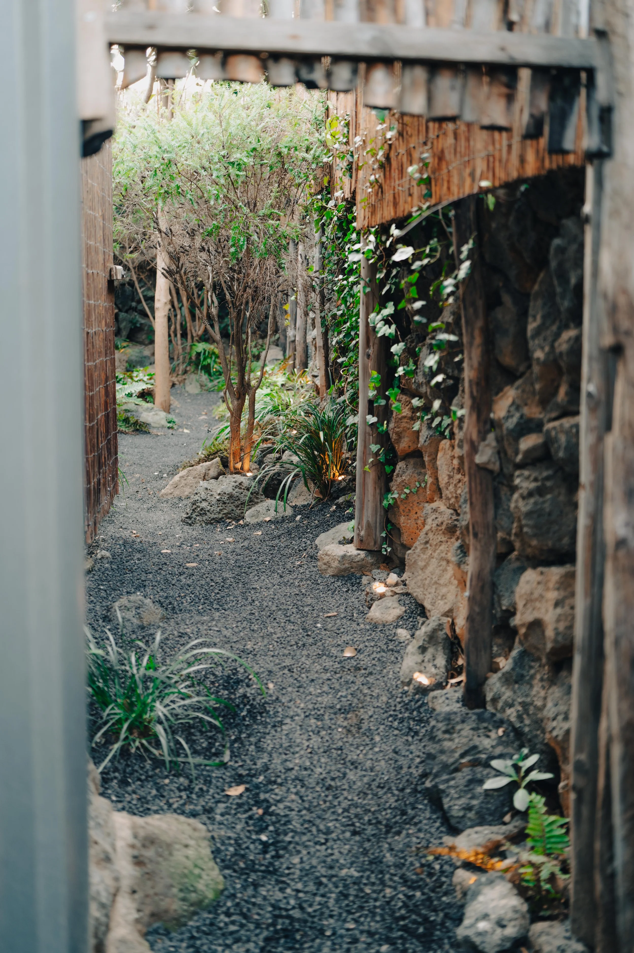 NUUT Aewol 눗애월 A narrow garden pathway surrounded by rocks, plants, and trees, with a wooden fence and rock wall on the sides, illuminated subtly.