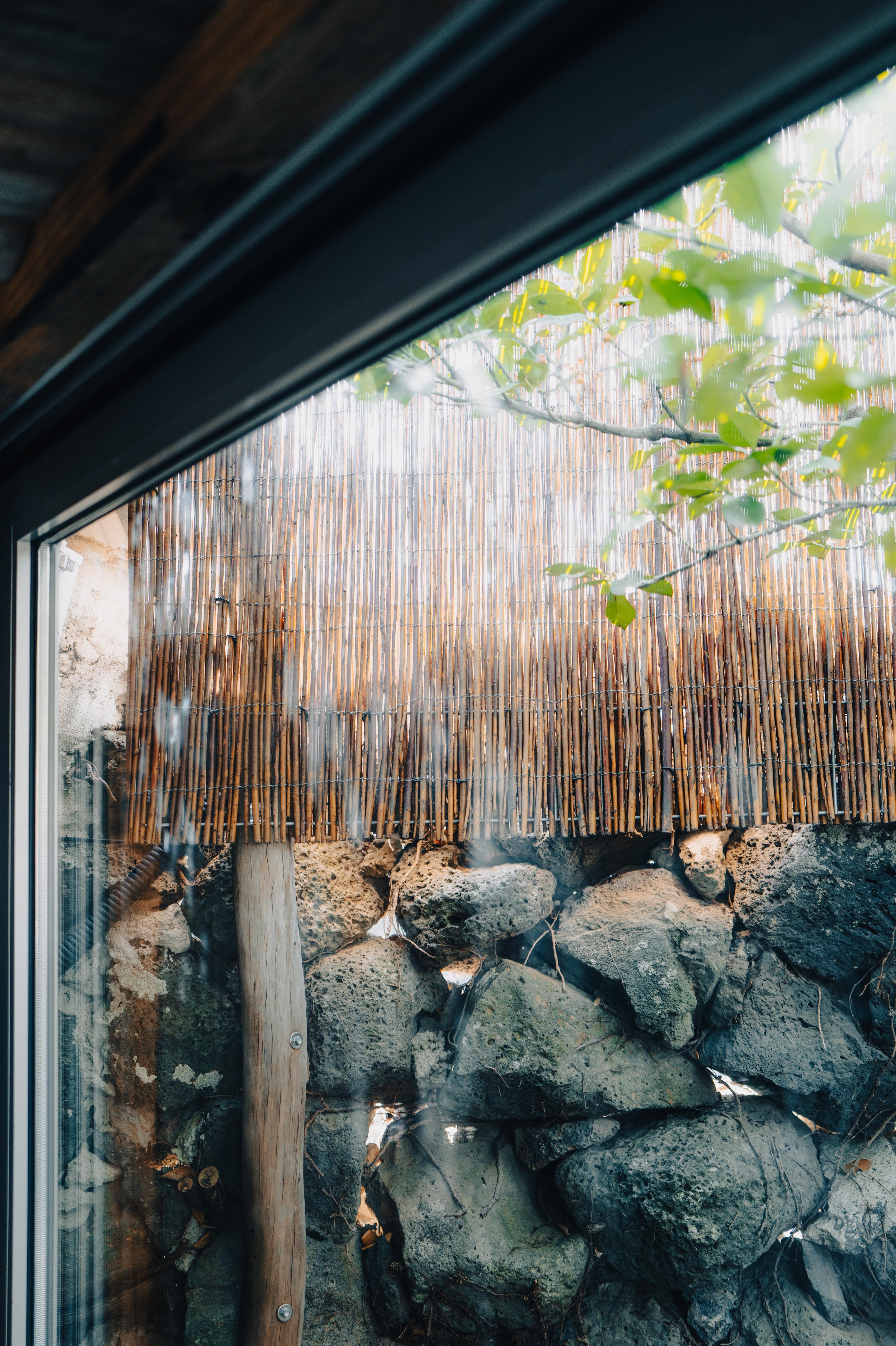 View through a window showing a bamboo fence, a stone wall, a wooden stake, and some green leaves.