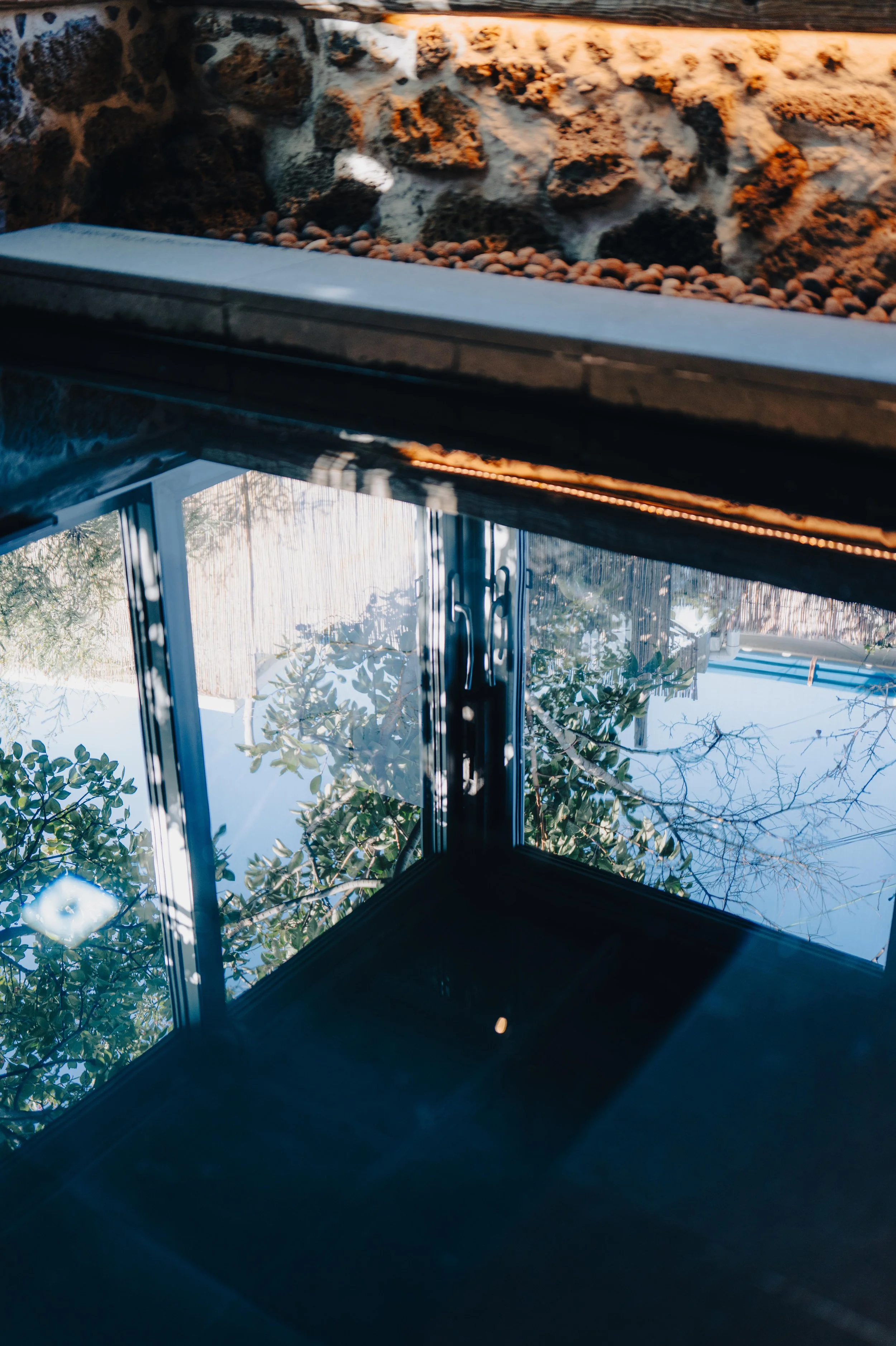View of trees and sky through a glass window with reflections and shadows, taken from inside a room.